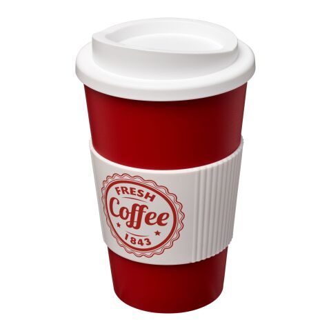 Werbeartikel 350 ml Americano® Coffee-to-go-Becher, doppelwandig isoliert mit Silikon-Schutzring & Schraubverschluss – rot-weiss – mit Logo bedruckt