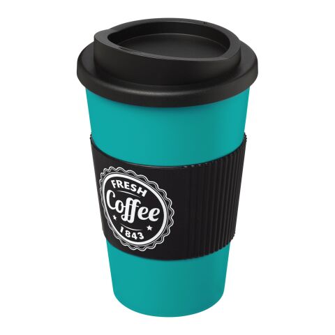 Werbeartikel 350 ml Americano® Coffee-to-go-Becher, doppelwandig isoliert mit Silikon-Schutzring & Schraubverschluss – aquablau-schwarz – mit Logo