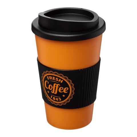 Werbeartikel 350 ml Americano® Coffee-to-go-Becher, doppelwandig isoliert mit Silikon-Schutzring & Schraubverschluss – orange-schwarz – mit Logo