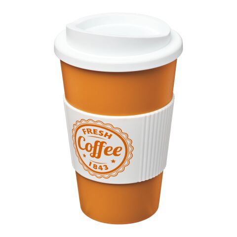 Werbeartikel 350 ml Americano® Coffee-to-go-Becher, doppelwandig isoliert mit Silikon-Schutzring & Schraubverschluss – orange-weiss – mit Logo