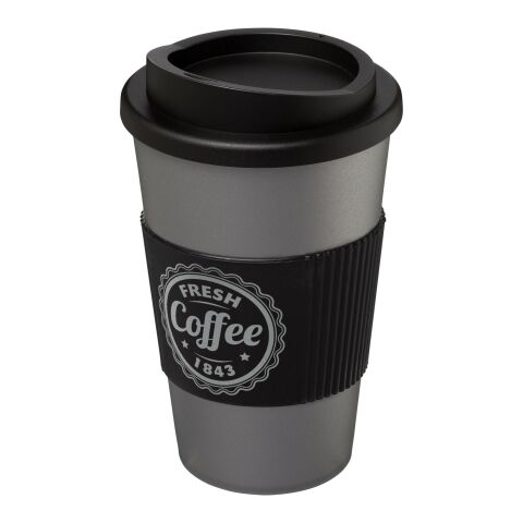 Werbeartikel 350 ml Americano® Coffee-to-go-Becher, doppelwandig isoliert mit Silikon-Schutzring & Schraubverschluss – silber-schwarz – mit Logo