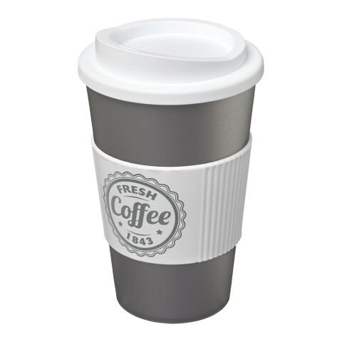 Werbeartikel 350 ml Americano® Coffee-to-go-Becher, doppelwandig isoliert mit Silikon-Schutzring & Schraubverschluss – silber-weiss – mit Logo