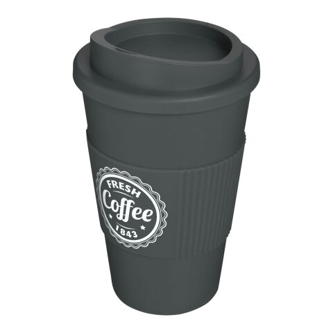 Werbeartikel 350 ml Americano® Coffee-to-go-Becher, doppelwandig isoliert mit Silikon-Schutzring & Schraubverschluss – grau – mit Logo bedruckt