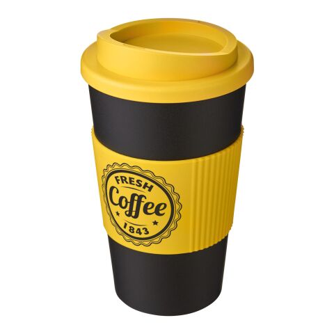 Werbeartikel 350 ml Americano® Coffee-to-go-Becher, doppelwandig isoliert mit Silikon-Schutzring & Schraubverschluss – schwarz-gelb – mit Logo