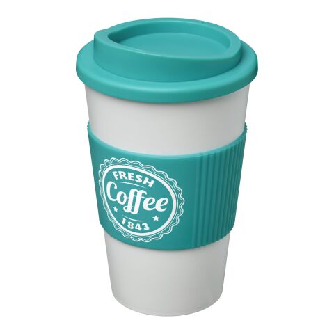 Werbeartikel 350 ml Americano® Coffee-to-go-Becher, doppelwandig isoliert mit Silikon-Schutzring & Schraubverschluss – weiss-aquablau – mit Logo