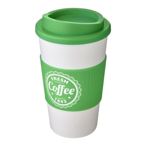 Werbeartikel 350 ml Americano® Coffee-to-go-Becher, doppelwandig isoliert mit Silikon-Schutzring & Schraubverschluss – weiss-grün – mit Logo bedruckt