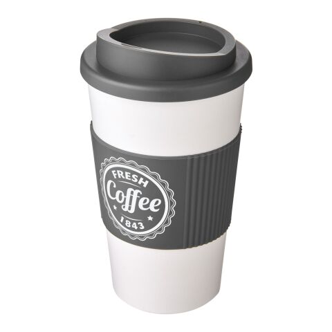 Werbeartikel 350 ml Americano® Coffee-to-go-Becher, doppelwandig isoliert mit Silikon-Schutzring & Schraubverschluss – transparent-grau – mit Logo