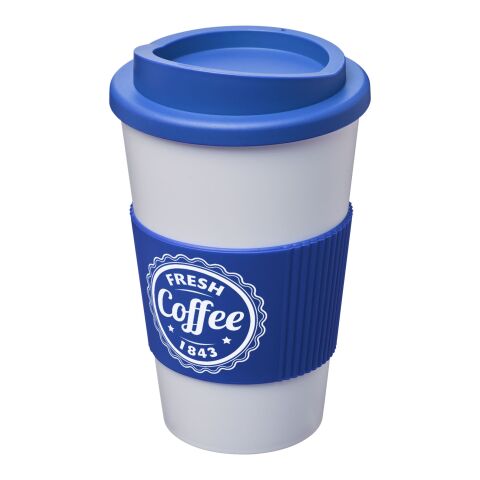 Werbeartikel 350 ml Americano® Coffee-to-go-Becher, doppelwandig isoliert mit Silikon-Schutzring & Schraubverschluss – weiss-mittelblau – mit Logo