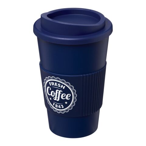 Werbeartikel 350 ml Americano® Coffee-to-go-Becher, doppelwandig isoliert mit Silikon-Schutzring & Schraubverschluss – blau – mit Logo bedruckt