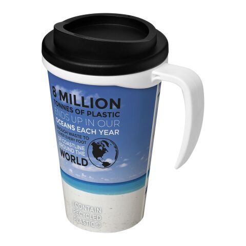 Werbeartikel Brite-Americano® Grande 350 ml Kaffeebecher mit Griff & Full-Color Rundum-Design – weiss-schwarz – mit Logo bedruckt
