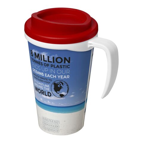 Werbeartikel Brite-Americano® Grande 350 ml Kaffeebecher mit Griff & Full-Color Rundum-Design – weiss-rot – mit Logo bedruckt