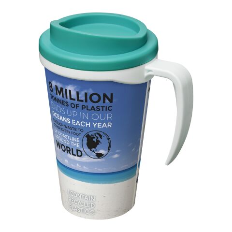 Werbeartikel Brite-Americano® Grande 350 ml Kaffeebecher mit Griff & Full-Color Rundum-Design – weiss-aquablau – mit Logo bedruckt