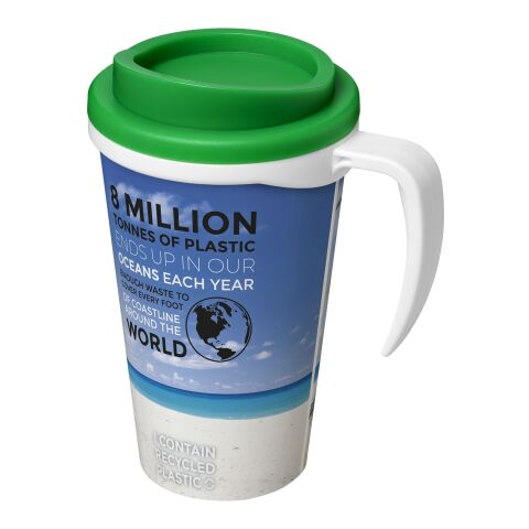 Werbeartikel Brite-Americano® Grande 350 ml Kaffeebecher mit Griff & Full-Color Rundum-Design – weiss-grün – mit Logo bedruckt