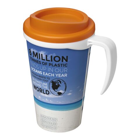 Werbeartikel Brite-Americano® Grande 350 ml Kaffeebecher mit Griff & Full-Color Rundum-Design – weiss-orange – mit Logo bedruckt