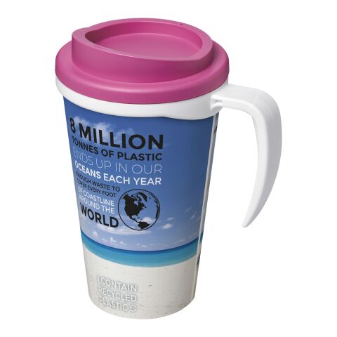 Werbeartikel Brite-Americano® Grande 350 ml Kaffeebecher mit Griff & Full-Color Rundum-Design – weiss-rosa – mit Logo bedruckt