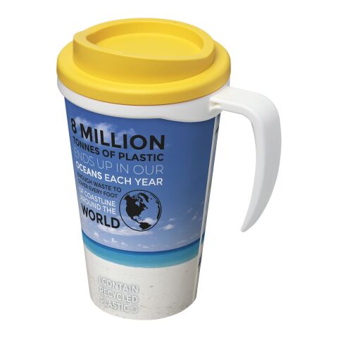 Werbeartikel Brite-Americano® Grande 350 ml Kaffeebecher mit Griff & Full-Color Rundum-Design – weiss-gelb – mit Logo bedruckt