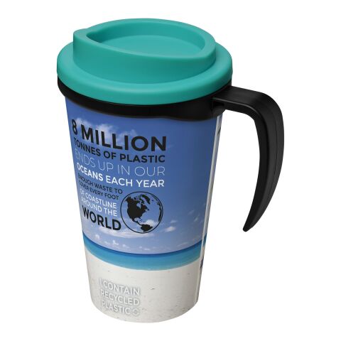 Werbeartikel Brite-Americano® Grande 350 ml Kaffeebecher mit Griff & Full-Color Rundum-Design – schwarz-aquablau – mit Logo bedruckt