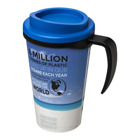Werbeartikel Brite-Americano® Grande 350 ml Kaffeebecher mit Griff & Full-Color Rundum-Design – schwarz-mittelblau – mit Logo bedruckt