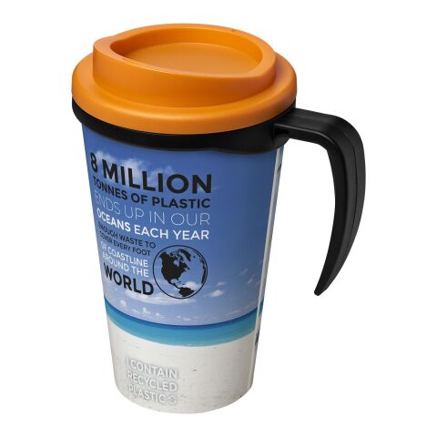 Werbeartikel Brite-Americano® Grande 350 ml Kaffeebecher mit Griff & Full-Color Rundum-Design – schwarz-orange – mit Logo bedruckt