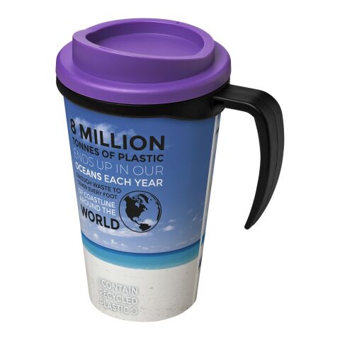 Werbeartikel Brite-Americano® Grande 350 ml Kaffeebecher mit Griff & Full-Color Rundum-Design – schwarz-lila – mit Logo bedruckt