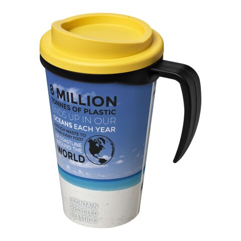 Werbeartikel Brite-Americano® Grande 350 ml Kaffeebecher mit Griff & Full-Color Rundum-Design – schwarz-gelb – mit Logo bedruckt