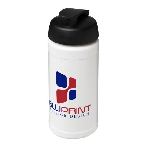 Werbeartikel Sportflasche Baseline Plus 500 ml Kunststoff Klappdeckel auslaufsicher einwandig – weiss-schwarz – mit Logo bedruckt