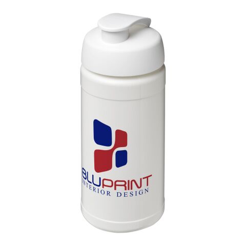Werbeartikel Sportflasche Baseline Plus 500 ml Kunststoff Klappdeckel auslaufsicher einwandig – weiss – mit Logo bedruckt