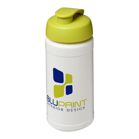 Werbeartikel Sportflasche Baseline Plus 500 ml Kunststoff Klappdeckel auslaufsicher einwandig – weiss-limone – mit Logo bedruckt