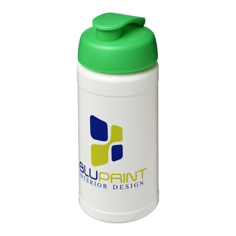 Werbeartikel Sportflasche Baseline Plus 500 ml Kunststoff Klappdeckel auslaufsicher einwandig – weiss-grün – mit Logo bedruckt