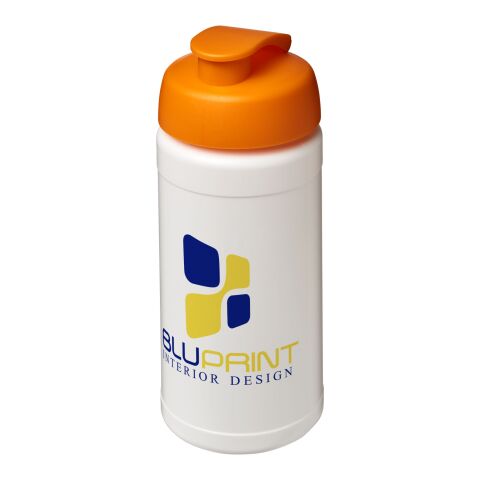 Werbeartikel Sportflasche Baseline Plus 500 ml Kunststoff Klappdeckel auslaufsicher einwandig – weiss-orange – mit Logo bedruckt