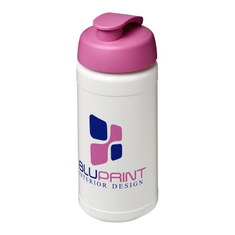 Werbeartikel Sportflasche Baseline Plus 500 ml Kunststoff Klappdeckel auslaufsicher einwandig – weiss-rosa – mit Logo bedruckt