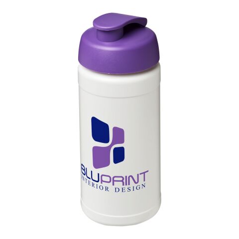 Werbeartikel Sportflasche Baseline Plus 500 ml Kunststoff Klappdeckel auslaufsicher einwandig – weiss-lila – mit Logo bedruckt