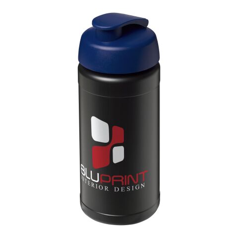 Werbeartikel Sportflasche Baseline Plus 500 ml Kunststoff Klappdeckel auslaufsicher einwandig – schwarz-blau – mit Logo bedruckt