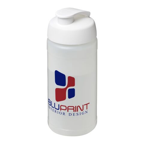 Werbeartikel Sportflasche Baseline Plus 500 ml Kunststoff Klappdeckel auslaufsicher einwandig – transparent-weiss – mit Logo bedruckt