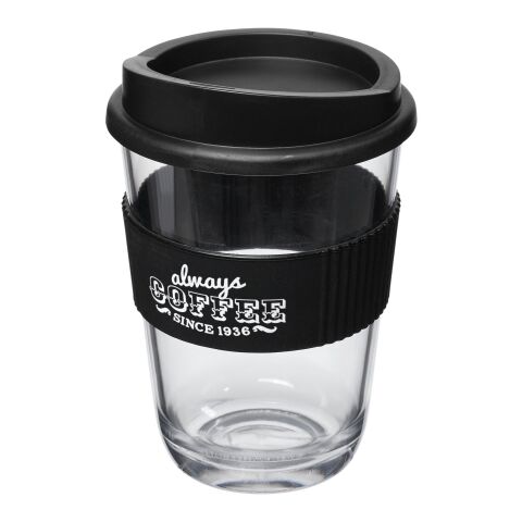 Werbeartikel 300 ml Americano® Cortado Isolier-Kaffeebecher mit Silikon-Schutzring & Stülpdeckel in Glas-Optik – schwarz – mit Logo bedruckt