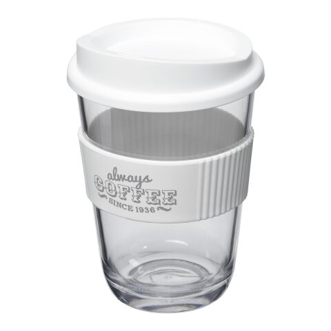 Werbeartikel 300 ml Americano® Cortado Isolier-Kaffeebecher mit Silikon-Schutzring & Stülpdeckel in Glas-Optik – weiss – mit Logo bedruckt