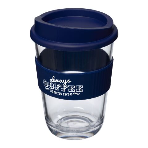Werbeartikel 300 ml Americano® Cortado Isolier-Kaffeebecher mit Silikon-Schutzring & Stülpdeckel in Glas-Optik – blau – mit Logo bedruckt