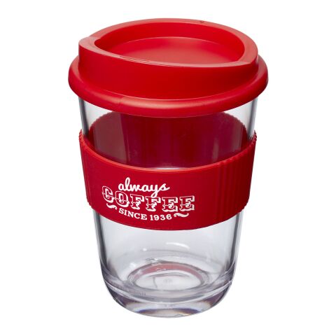 Werbeartikel 300 ml Americano® Cortado Isolier-Kaffeebecher mit Silikon-Schutzring & Stülpdeckel in Glas-Optik – rot – mit Logo bedruckt