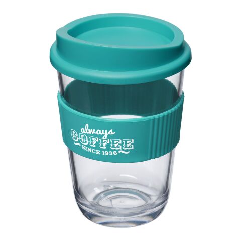 Werbeartikel 300 ml Americano® Cortado Isolier-Kaffeebecher mit Silikon-Schutzring & Stülpdeckel in Glas-Optik – aquablau – mit Logo bedruckt