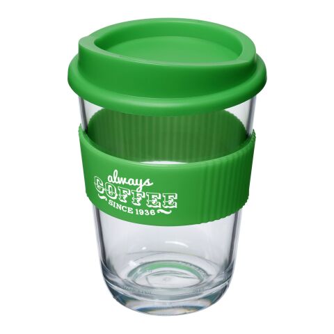 Werbeartikel 300 ml Americano® Cortado Isolier-Kaffeebecher mit Silikon-Schutzring & Stülpdeckel in Glas-Optik – grün – mit Logo bedruckt