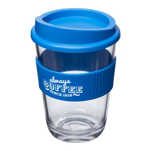 Werbeartikel 300 ml Americano® Cortado Isolier-Kaffeebecher mit Silikon-Schutzring & Stülpdeckel in Glas-Optik – mittelblau – mit Logo bedruckt