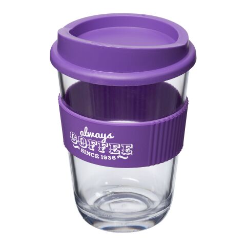 Werbeartikel 300 ml Americano® Cortado Isolier-Kaffeebecher mit Silikon-Schutzring & Stülpdeckel in Glas-Optik – lila – mit Logo bedruckt