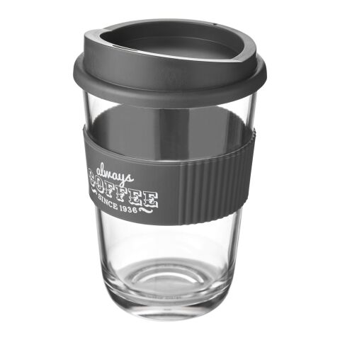 Werbeartikel 300 ml Americano® Cortado Isolier-Kaffeebecher mit Silikon-Schutzring & Stülpdeckel in Glas-Optik – grau – mit Logo bedruckt