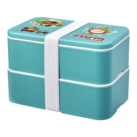 Nachhaltiger Werbeartikel MIYO Renew Doppel-Lunchbox – riffblau-riffblau-weiss – mit Logo bedruckt