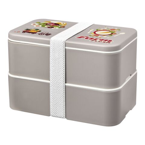 Nachhaltiger Werbeartikel MIYO Renew Doppel-Lunchbox – kieselgrau-kieselgrau-weiss – mit Logo bedruckt