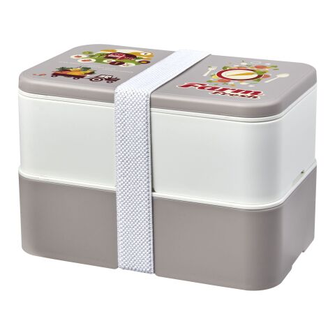 Nachhaltiger Werbeartikel MIYO Renew Doppel-Lunchbox – kieselgrau-elfenbeinweiss-weiss – mit Logo bedruckt