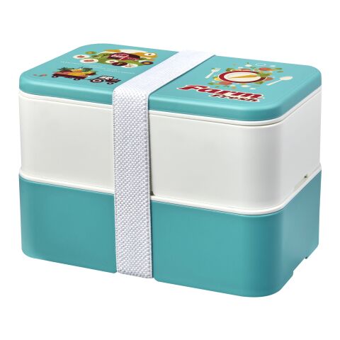 Nachhaltiger Werbeartikel MIYO Renew Doppel-Lunchbox – riffblau-elfenbeinweiss-weiss – mit Logo bedruckt