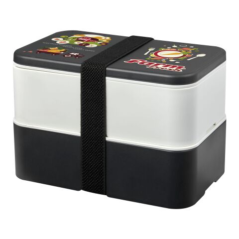 Nachhaltiger Werbeartikel MIYO Renew Doppel-Lunchbox – granitfarben-elfenbeinweiss-schwarz – mit Logo bedruckt