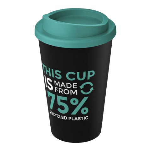 Nachhaltiger Werbeartikel Americano Eco 350 ml recycelter Becher – schwarz-aquablau – mit Logo bedruckt