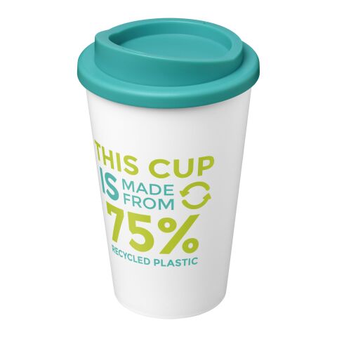 Nachhaltiger Werbeartikel Americano Eco 350 ml recycelter Becher – weiss-aquablau – mit Logo bedruckt